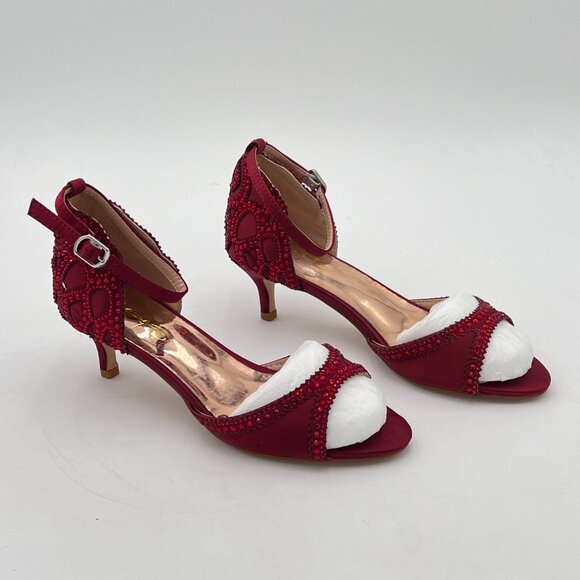 XYD Wine Chic Peep Toe D'Orsay Low Heel Rhinestone Stud Ankle Strap Sandals - Picture 4 of 8